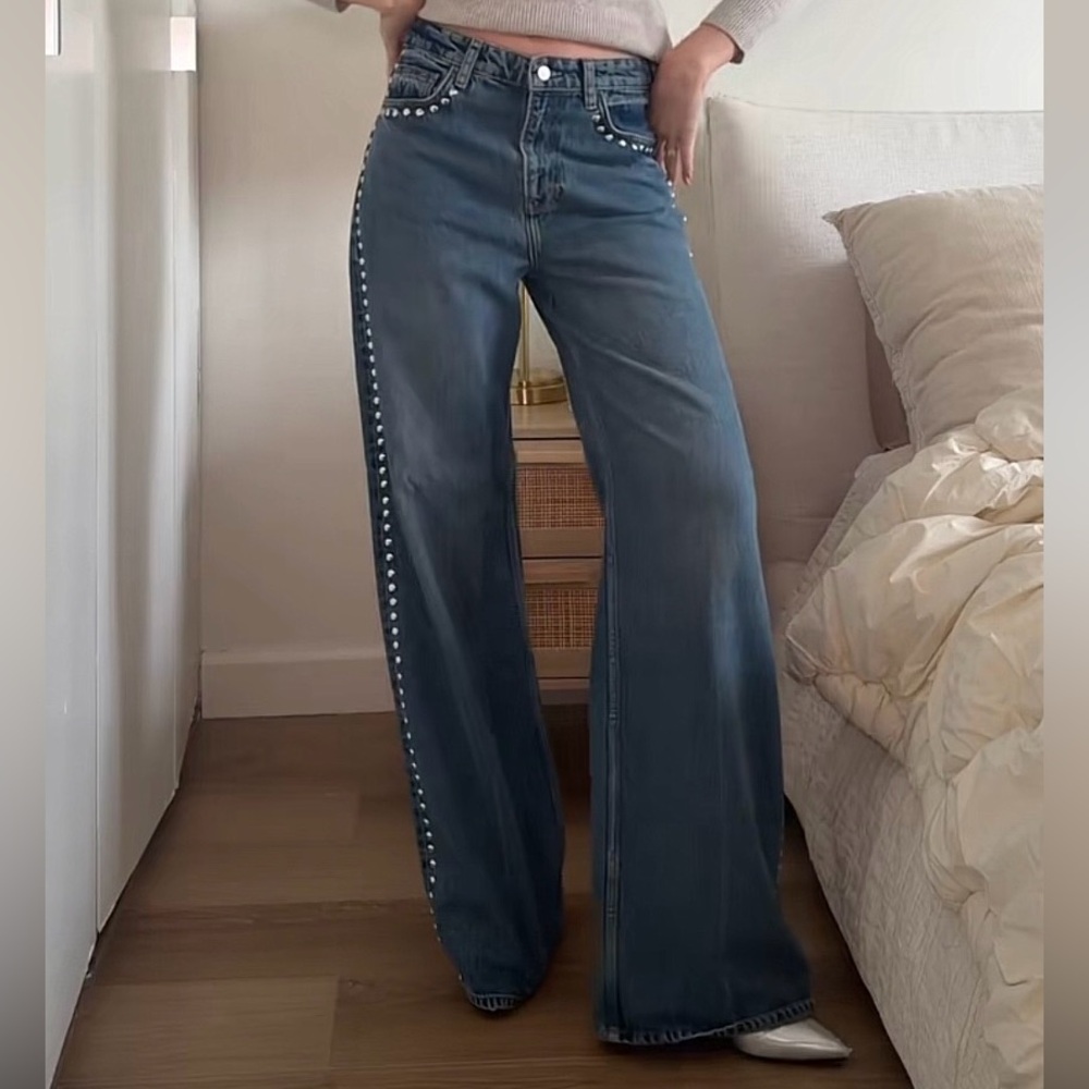 Reformation Cary High Rise Slouchy Wide Leg Jeans in Chesapeake Studded
